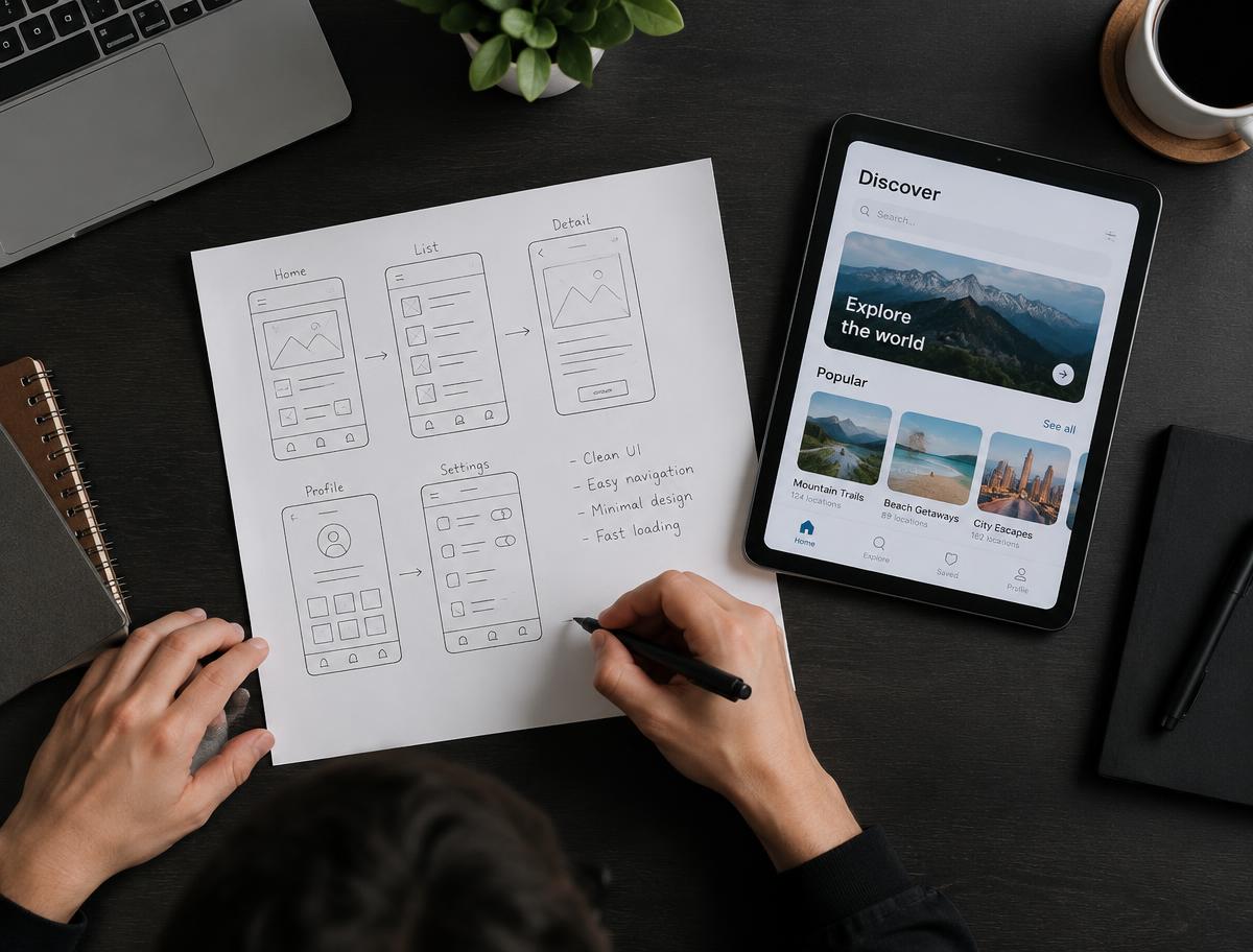 Designer sketching interface wireframes next to a tablet showing an app layout