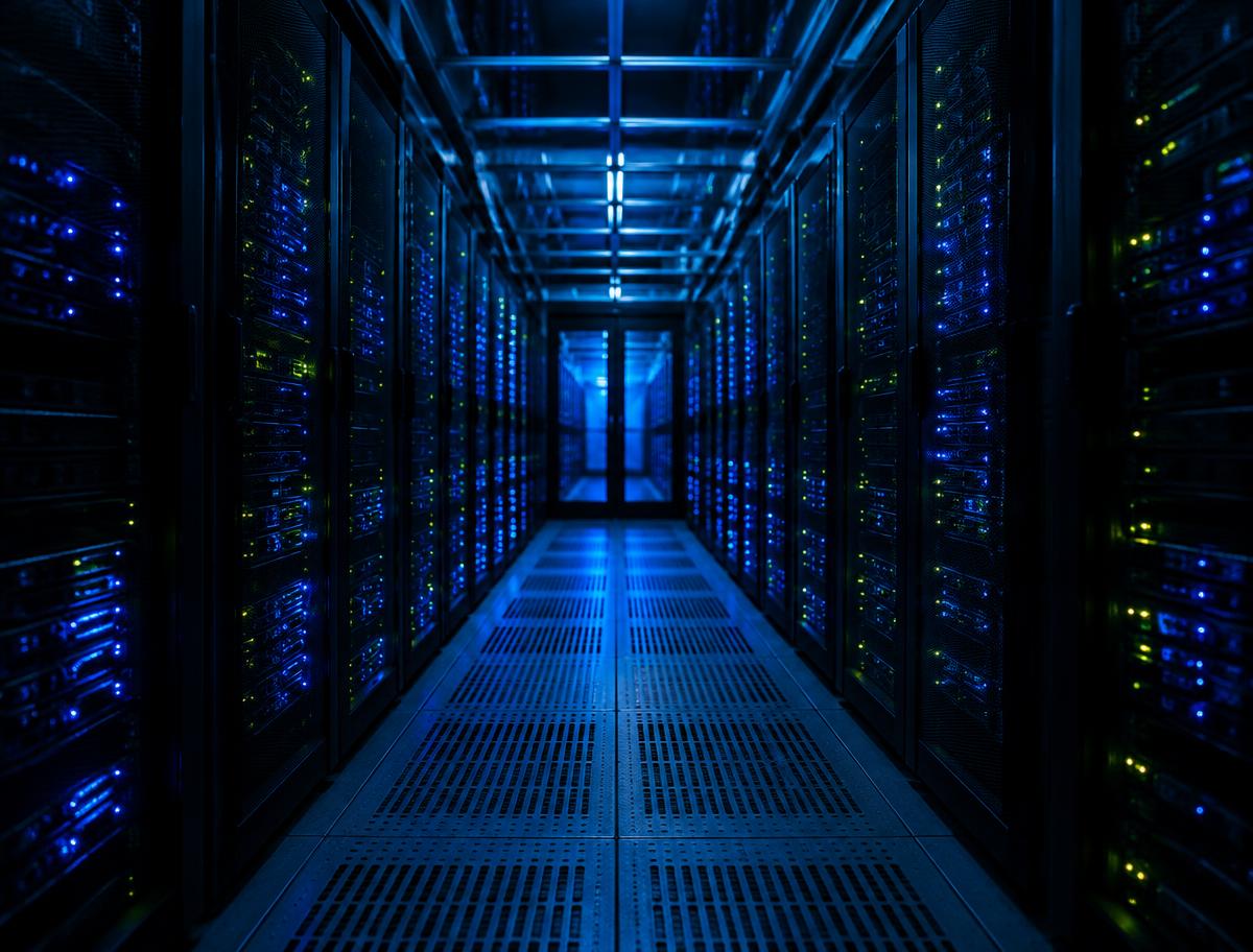 Long corridor of server racks lit by blue indicator lights in a data centre